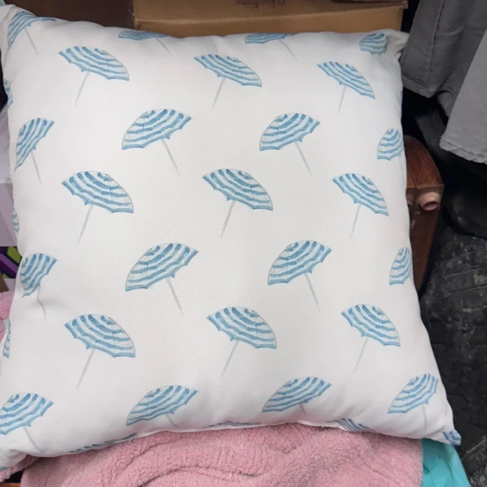 Rae Dunn White/light blue letters “Relax” Pillow w: umbrella print on back NWT